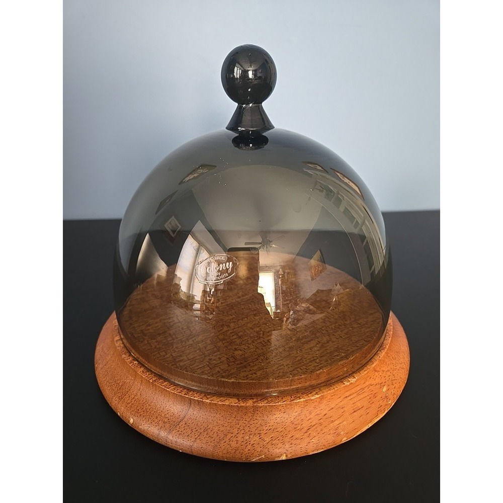 Wood and Smoky Glass Cheese Dome Cloche 8.5" Base Handmade‎ Colony Italy Imports